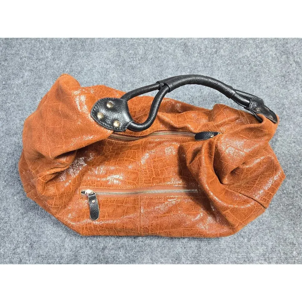 Lola Bernard Hobo Bag Brown Leather Croc Embossed Medium Purse Black Liner